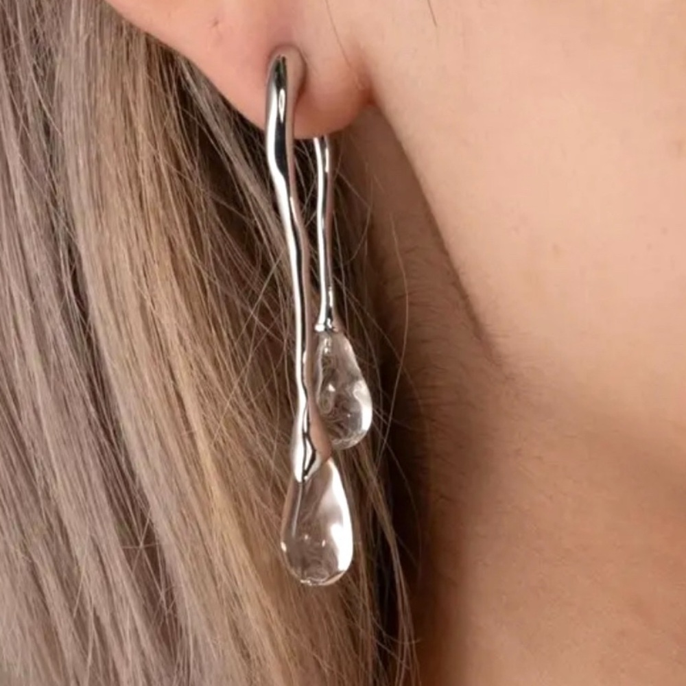 NEW Front Back Drippy Drop Dangle Earrings Silver Clear Lucite AU02